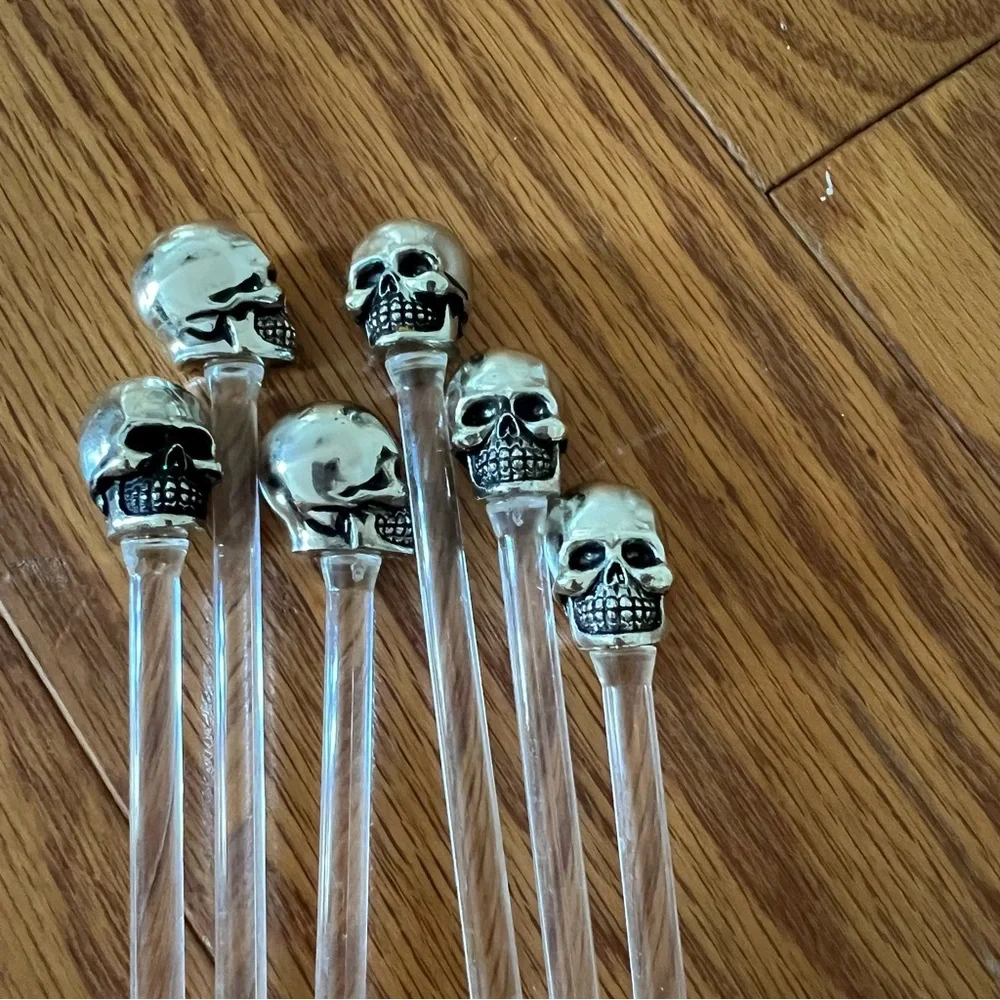 Lot of 6 Skull Cocktail Drink Stir Sticks - Silver Stirrer